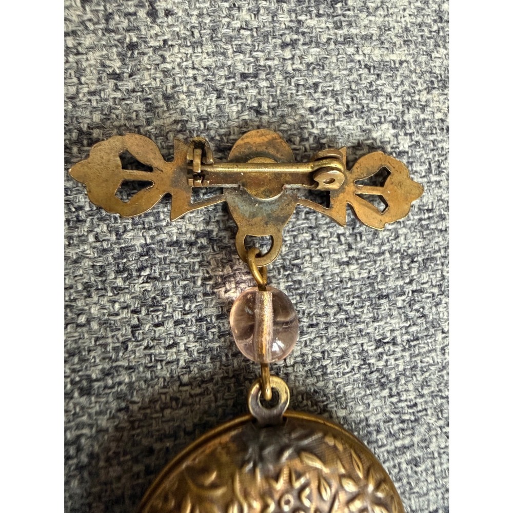 Antique Brass Floral Locket Brooch Dangle Victorian Revival Working 1900s - Picture 7 of 10